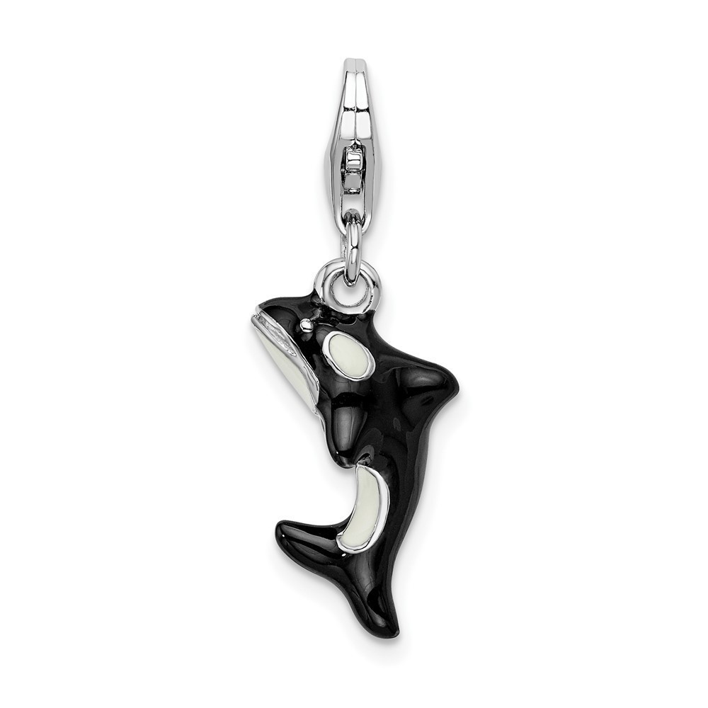 Sterling Silver Polished 3-D Enameled Orca Whale Bracelet Charm Lobster Clasp